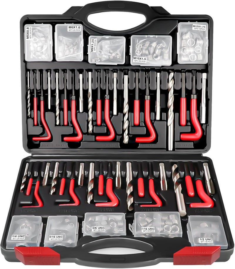 AJulyBee Helicoil Thread Repair Kit, 261 PCS Thread Chaser Kits HSS Drill Helicoil Kit, Rethreading Tool with Thread Gauge| Metric and SAE| 1/4" 5/16" 3/8" 7/16" 1/2" M5 M6 M8 M10 M12 - Image 1